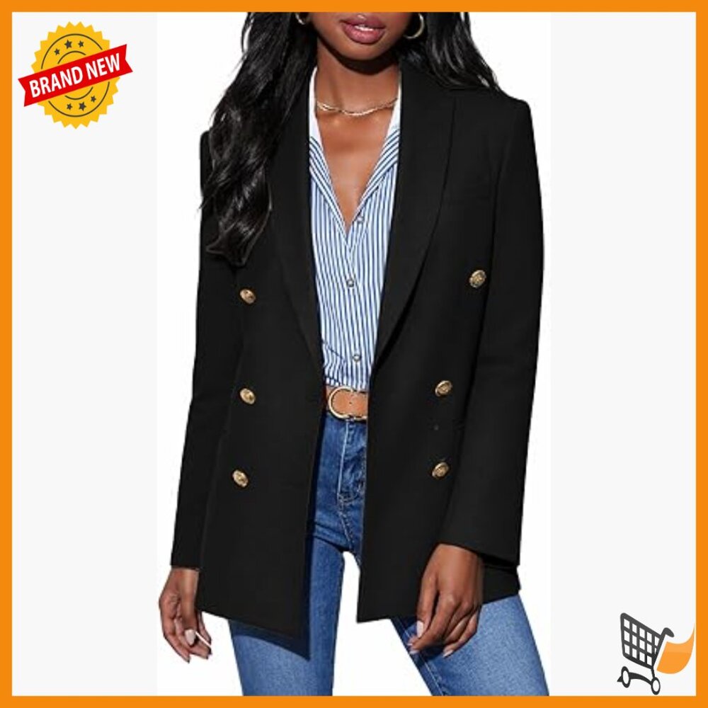 Double Breasted Blazer Open Front Lined Work Office Jacket with Pockets